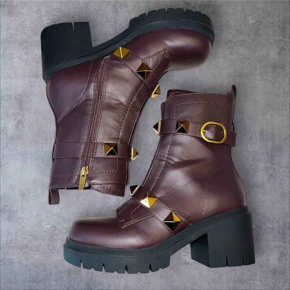 Nineโ West Dark Brown Combat Boots with Gold Studs